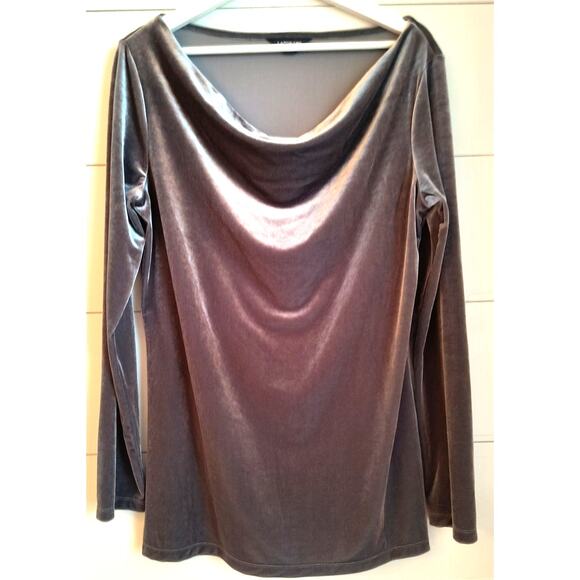 Lands' End Crushed Velvet Top Women's Sz M  Gray Draped neck Long Sleeve Popover - Picture 1 of 11